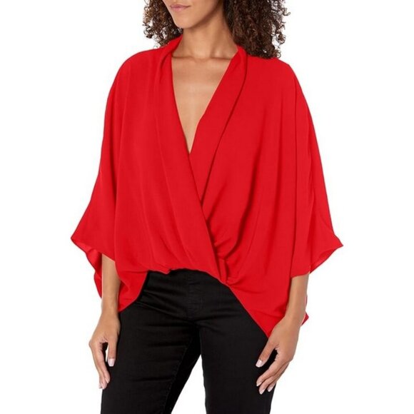 💕TRINA TURK💕 Draped High-Low Concourse Blouse ~ Reina Red Medium NWOT - Picture 1 of 11
